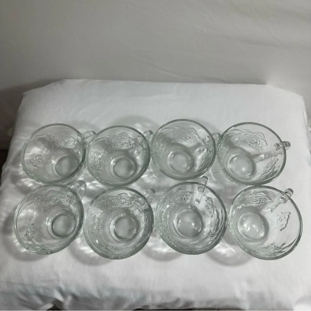 Punch Cups Vintage Clear Pressed Glass Rose Design Set of 8